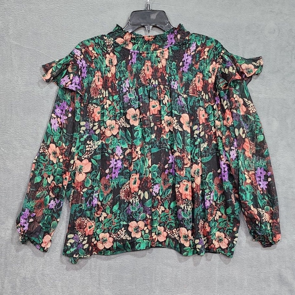 Cato Floral Print Ruffle Mock Neck Long Sleeve Smocked‎ Blouse Plus Size 22/24W
